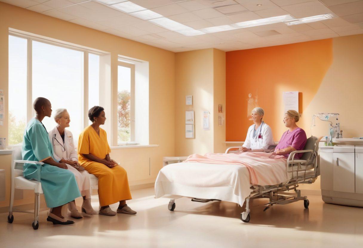 A compassionate scene depicting a diverse group of patients in a bright, welcoming cancer care facility, engaging with supportive healthcare professionals. Include a research corner showcasing scientific articles and charts, symbolizing the journey of empowerment through information. Warm colors and soft lighting should create an inviting atmosphere. super-realistic. vibrant colors. white background.