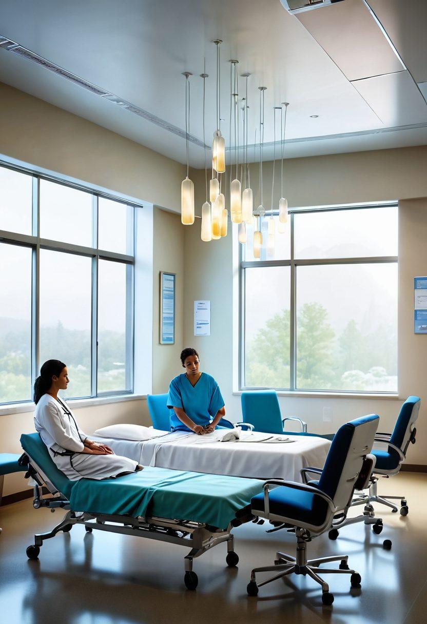 A serene hospital setting with diverse healthcare professionals discussing treatment options, emphasizing chemotherapy and immunotherapy. Incorporate visuals of medicine, IV drips, patient consultations, and vibrant charts showing treatment pathways. Add calming colors and soft lighting to evoke hope and healing. super-realistic. vibrant colors. warm atmosphere.